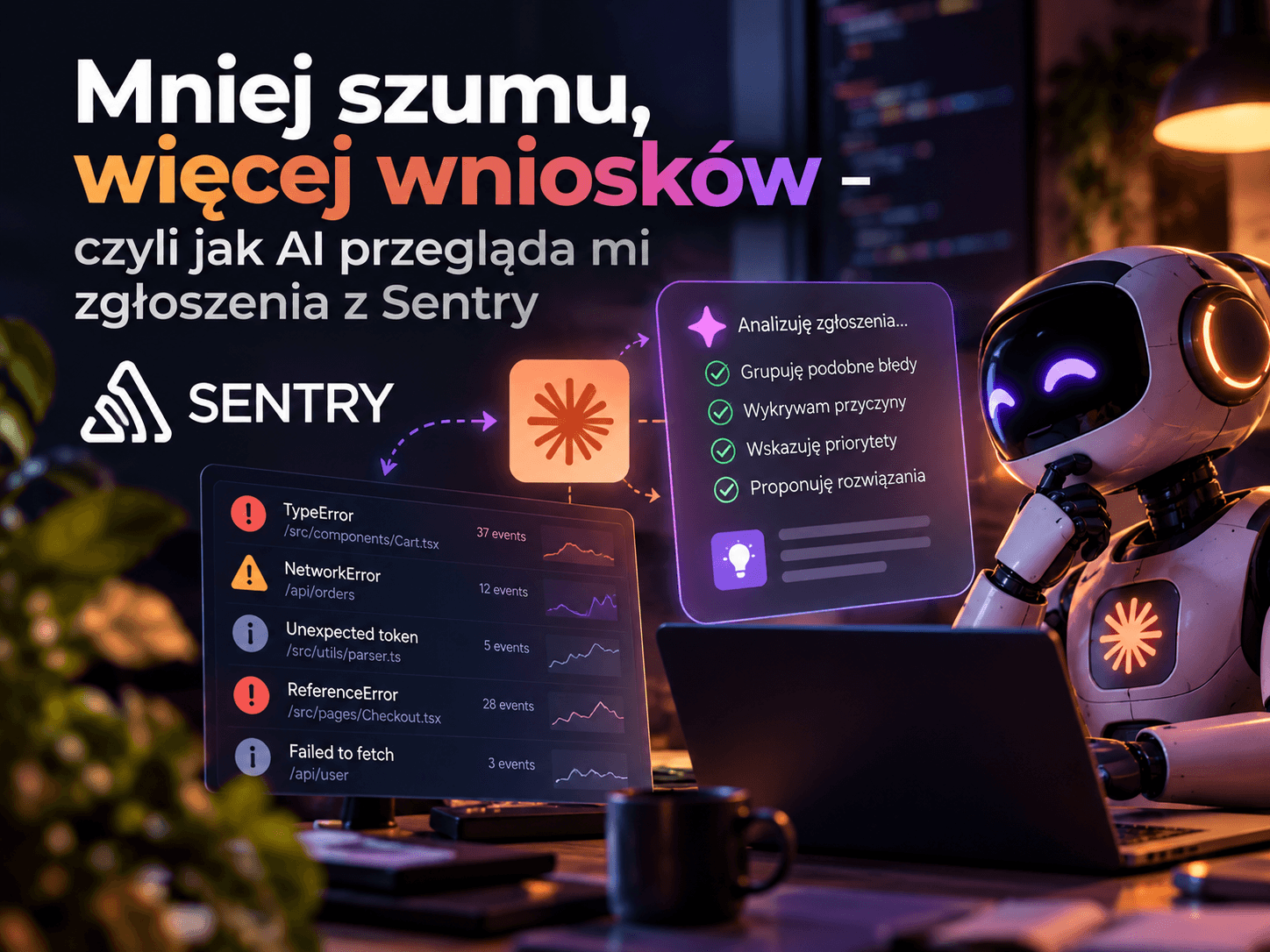 Robot AI przy laptopie analizuje listę zgłoszeń z Sentry – grupuje podobne błędy, wykrywa przyczyny, wskazuje priorytety i proponuje rozwiązania