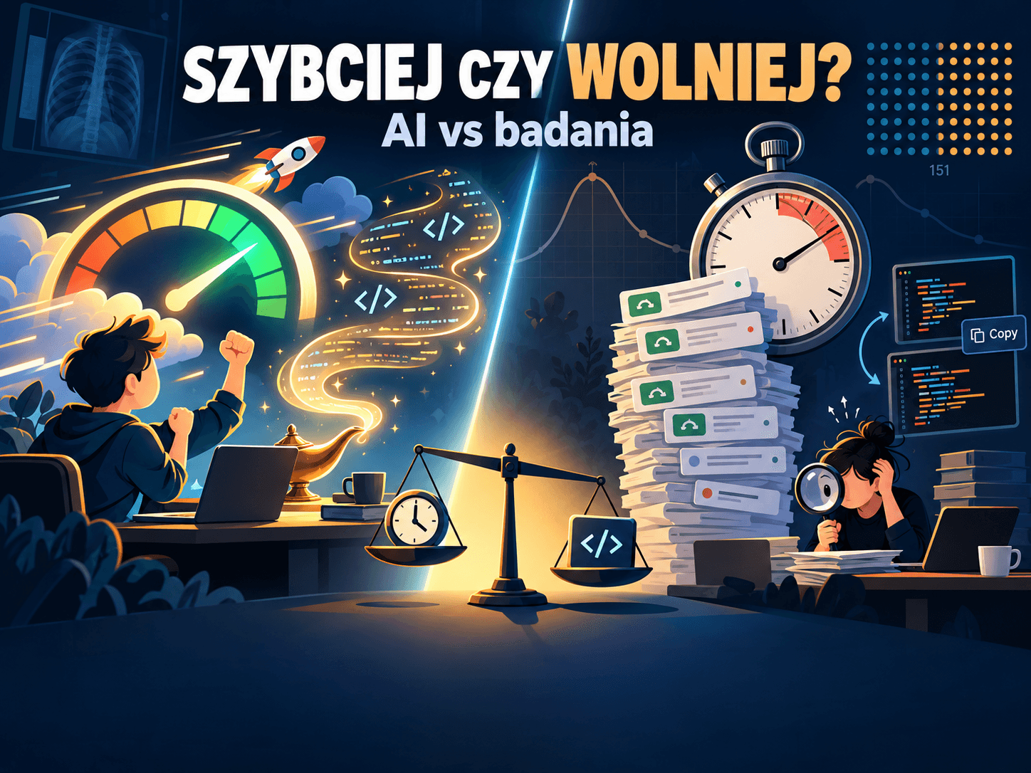 Grafika z napisem „Szybciej czy wolniej? AI vs badania”. Po lewej programista przy laptopie z uniesionymi pięściami, nad nim prędkościomierz z wychyloną igłą, rakieta i lampa wypuszczająca wstęgę kodu. Po prawej stoper z czerwoną strefą, chwiejny stos kart pull requestów i zestresowana osoba z lupą, obok dwa okna z kodem i przyciskiem „Copy”. Pośrodku wagi z zegarem i znakiem kodu, w tle krzywa hype’u, rentgen klatki piersiowej i siatka kropek z liczbą 151.