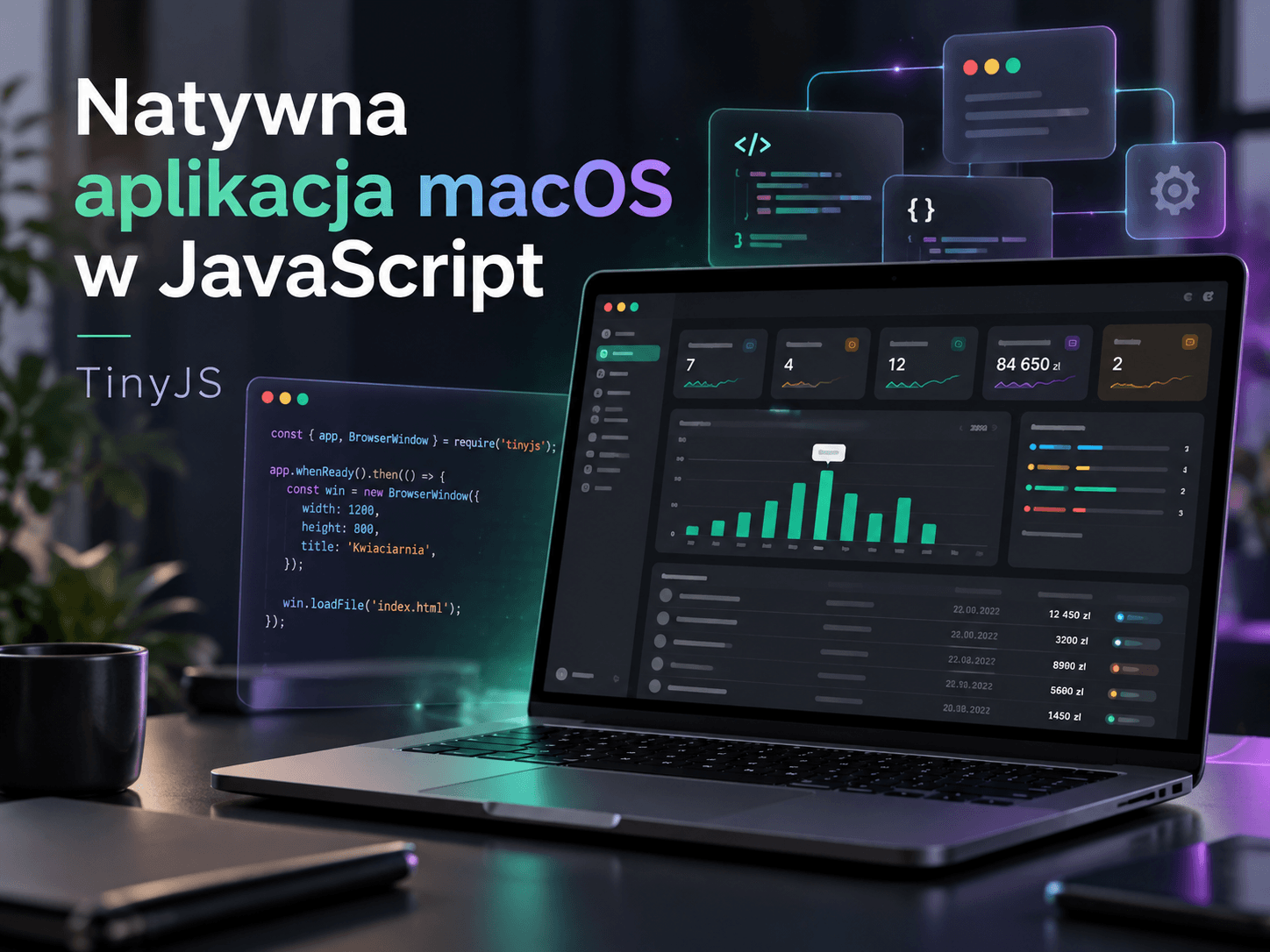 Grafika: laptop z ciemnym dashboardem aplikacji, obok fragment kodu i napis „Natywna aplikacja macOS w JavaScript – TinyJS”