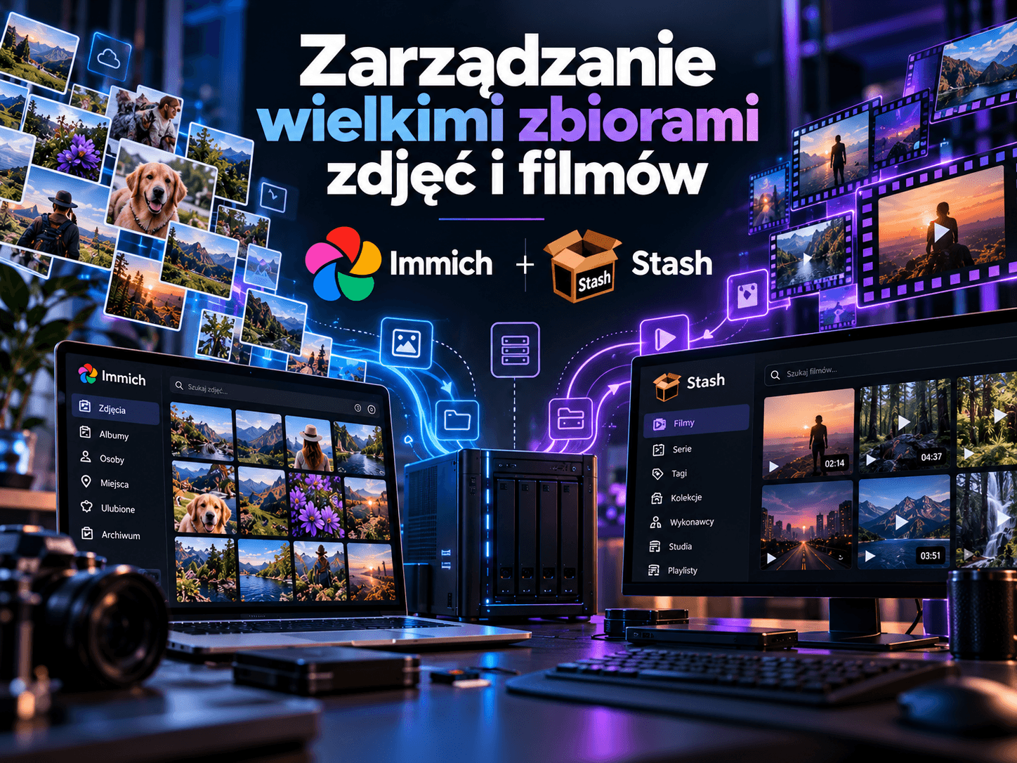 Grafika: laptop z galerią zdjęć w Immich i monitor z biblioteką filmów w Stash, pomiędzy nimi serwer NAS, nad nimi napis „Zarządzanie wielkimi zbiorami zdjęć i filmów”