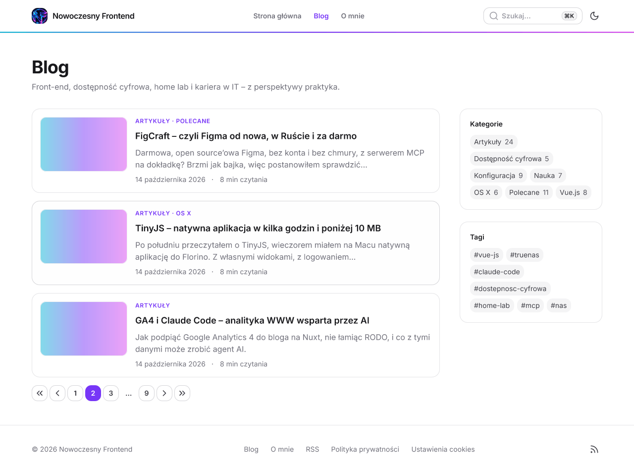 Ekran listy wpisów bloga odtworzony w FigCraft w trybie jasnym: nagłówek z logo i nawigacją, 3 karty wpisów, panel kategorii i tagów, paginacja i stopka