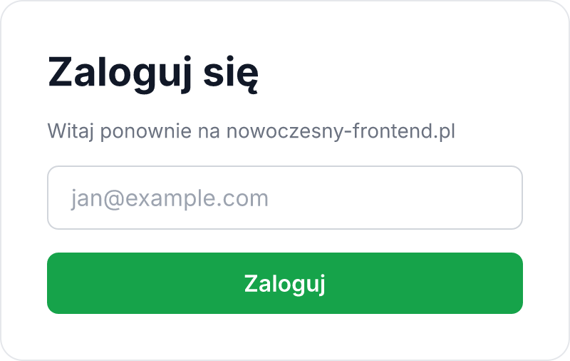 Karta logowania wyeksportowana z FigCraft: nagłówek „Zaloguj się”, podtytuł „Witaj ponownie na nowoczesny-frontend.pl”, pole e-mail i zielony przycisk „Zaloguj”