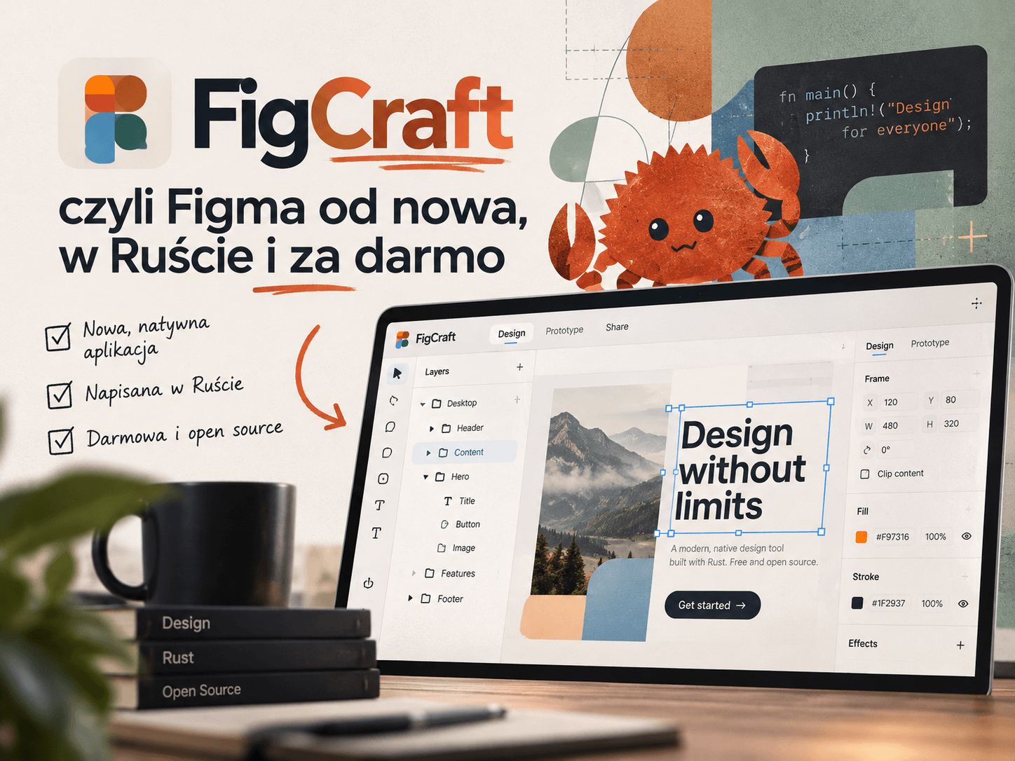 Logo FigCraft i napis „czyli Figma od nowa, w Ruście i za darmo” obok laptopa z otwartym edytorem FigCraft, krab Ferris i fragment kodu w Ruście oraz lista – nowa, natywna aplikacja, napisana w Ruście, darmowa i open source