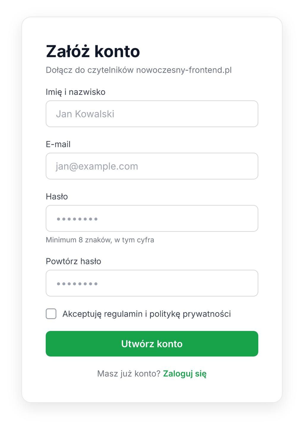 Panel rejestracji narysowany w FigCraft: nagłówek „Załóż konto”, pola imię i nazwisko, e-mail, hasło z podpowiedzią i powtórz hasło, checkbox akceptacji regulaminu, zielony przycisk „Utwórz konto” i link „Zaloguj się”