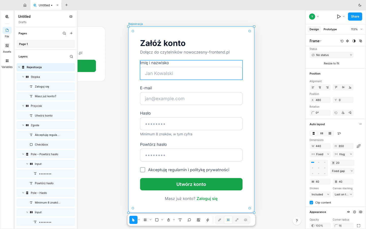 Okno aplikacji FigCraft z zaznaczonym panelem rejestracji; w panelu warstw po lewej ramki nazwane po polsku: Stopka, Przycisk, Zgoda, Pole – Powtórz hasło, Pole – Hasło, Input