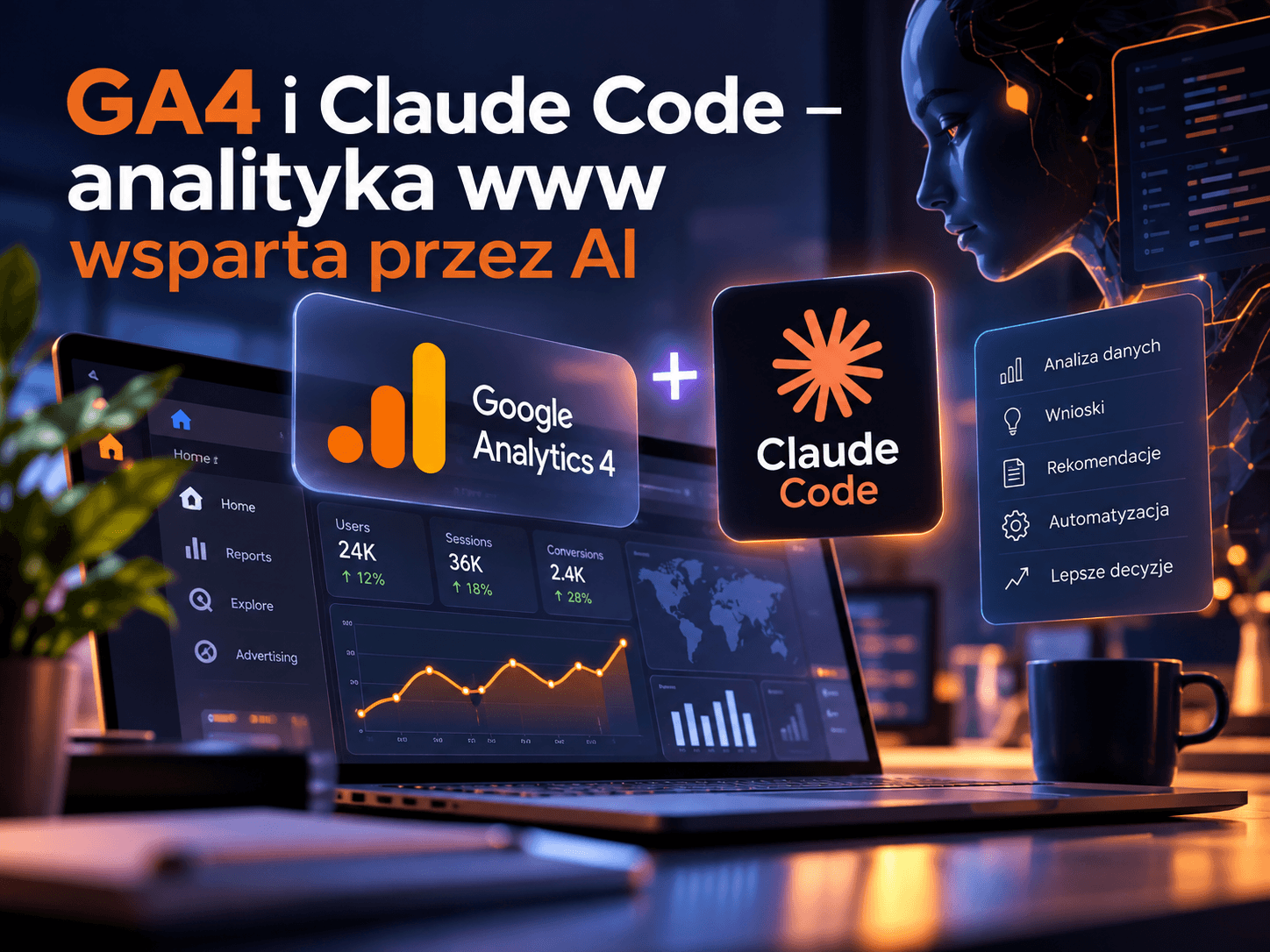 Laptop z panelem Google Analytics 4 obok logo Claude Code i listą korzyści – analiza danych, wnioski, rekomendacje, automatyzacja, lepsze decyzje