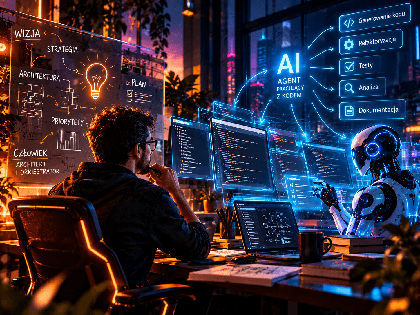 Programista przy biurku planuje wizję, architekturę i priorytety, a obok agent AI generuje kod, testy, refaktoryzację i dokumentację
