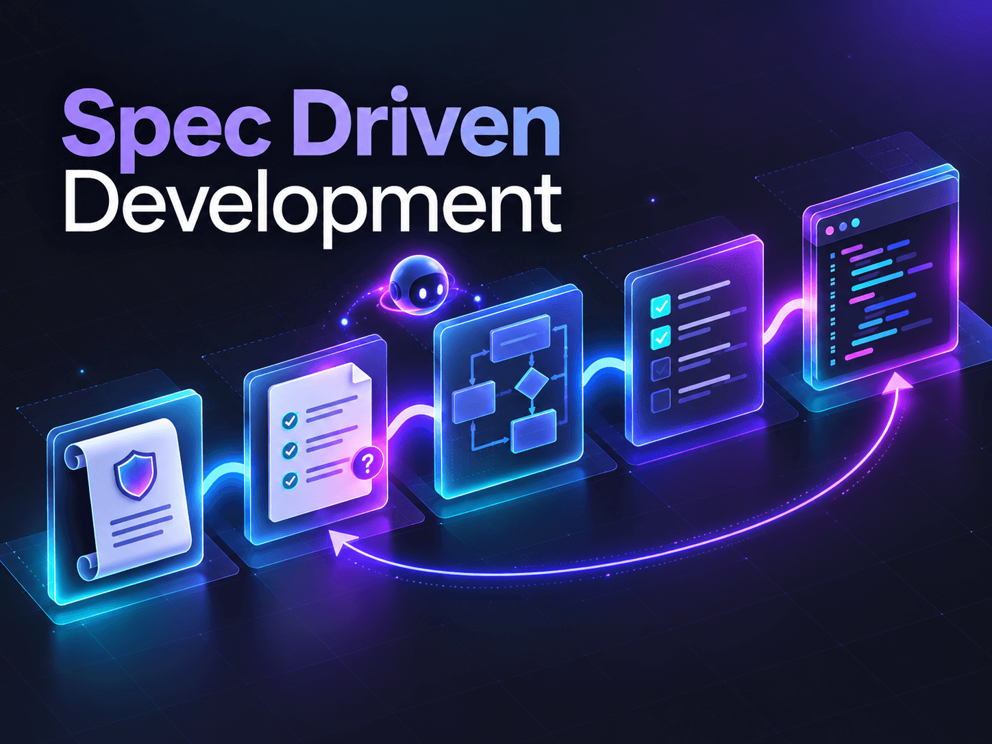 Grafika z napisem Spec Driven Development. Pod nim 5 podświetlonych paneli połączonych świecącą linią – zwój z tarczą, lista z odhaczonymi punktami i znakiem zapytania, schemat blokowy, lista zadań z polami wyboru i okno z kodem. Nad środkiem unosi się mała głowa robota, a od okna z kodem długa strzałka wraca do listy ze znakiem zapytania
