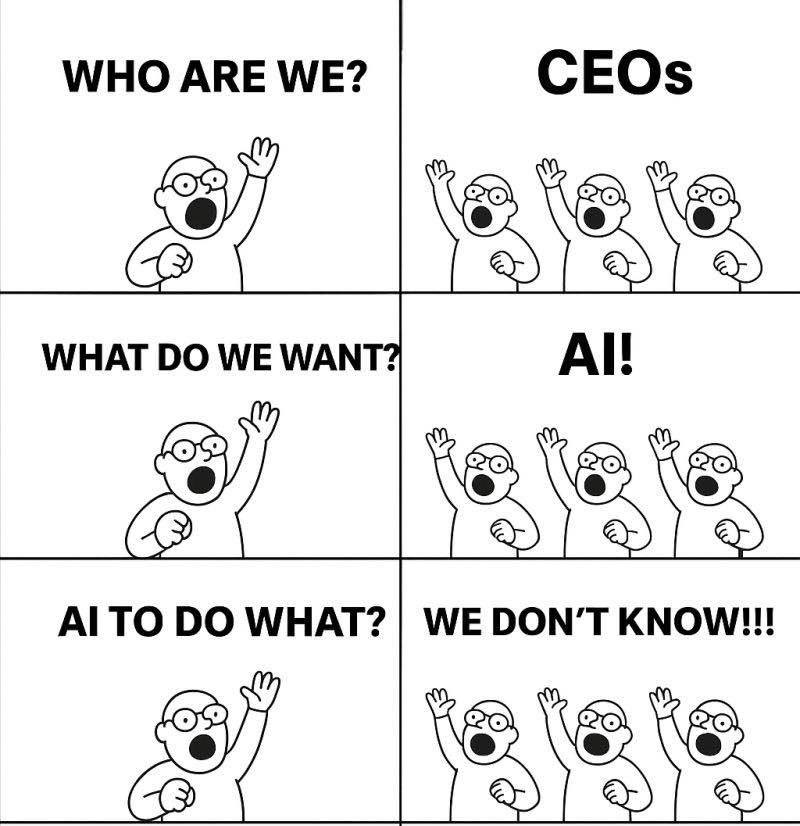 Czarno-biały komiks w 6 kadrach. Lider pyta „Who are we?”, tłum odpowiada „CEOs”. „What do we want?” – „AI!”. „AI to do what?” – „We don’t know!!!”.