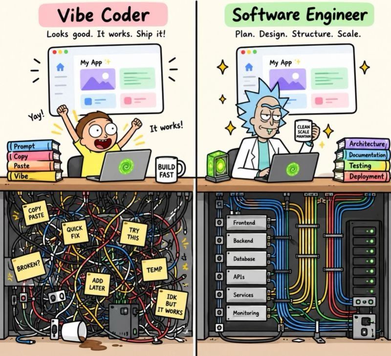 Komiks w 2 częściach. Po lewej Vibe Coder – Morty krzyczy „It works!” nad plątaniną kabli oklejoną karteczkami „Temp” i „Add later”, po prawej Software Engineer – Rick przy uporządkowanej szafie z modułami m.in. Frontend, Backend, Database i Monitoring